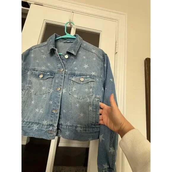 Highway Jeans Star Print Cropped Denim Jacket Women’s Medium Blue Jean Coat - Picture 3 of 8